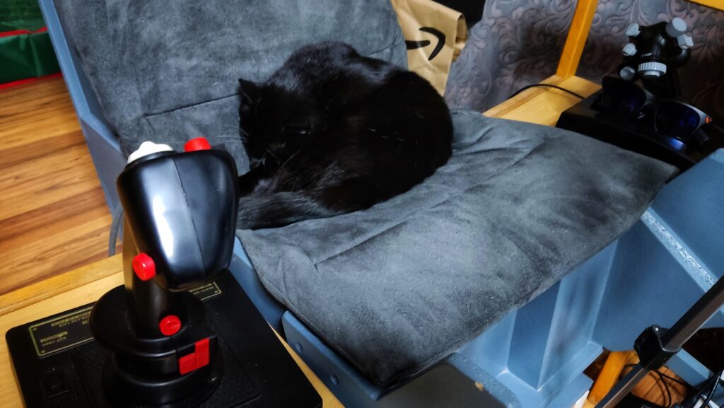 Paw pilot is taking a nap in the ejection seat of the ViperPit, stick and throttle on the sides.